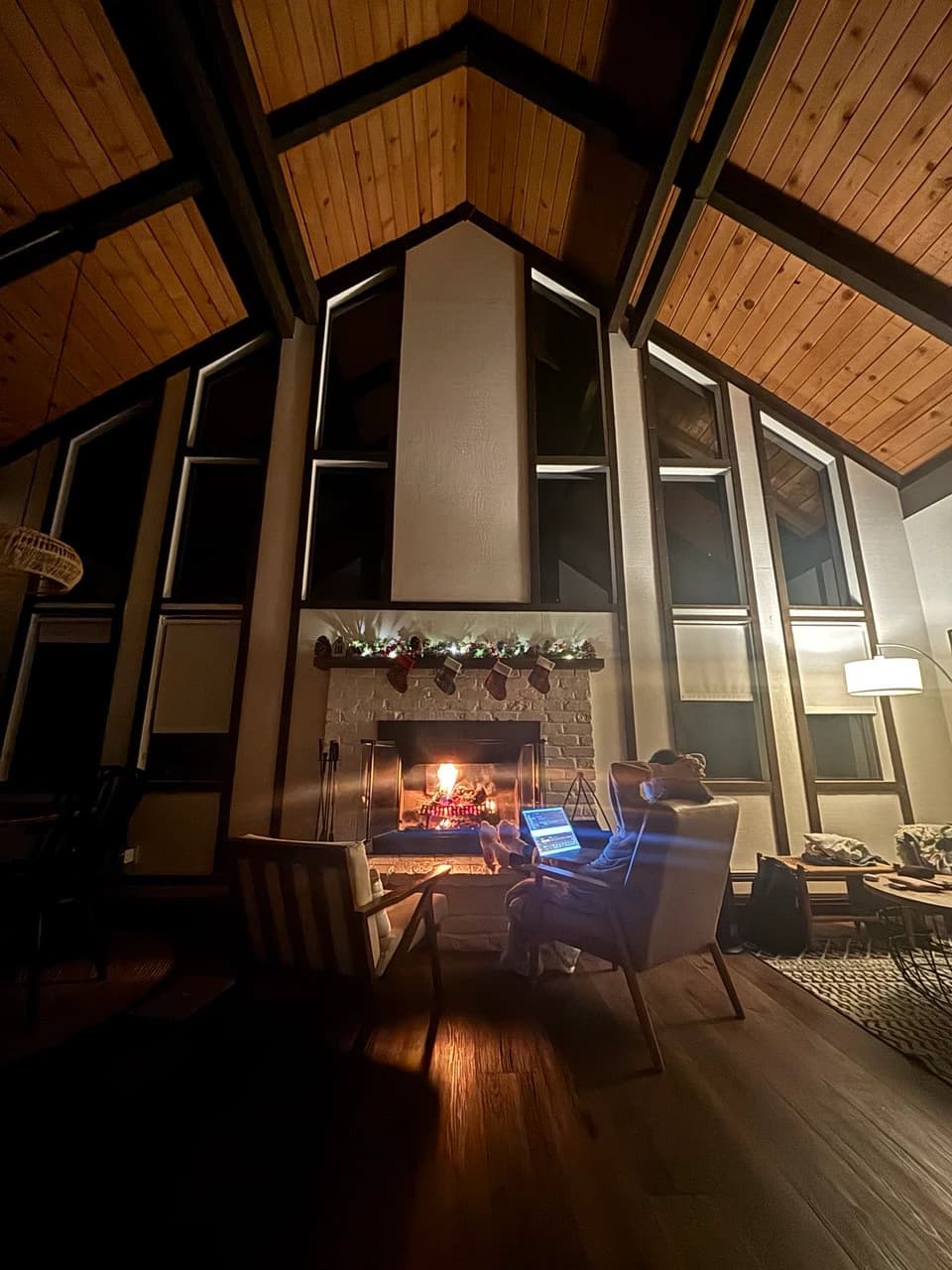 Wooden fireplace in living room (arnold california airbnb)